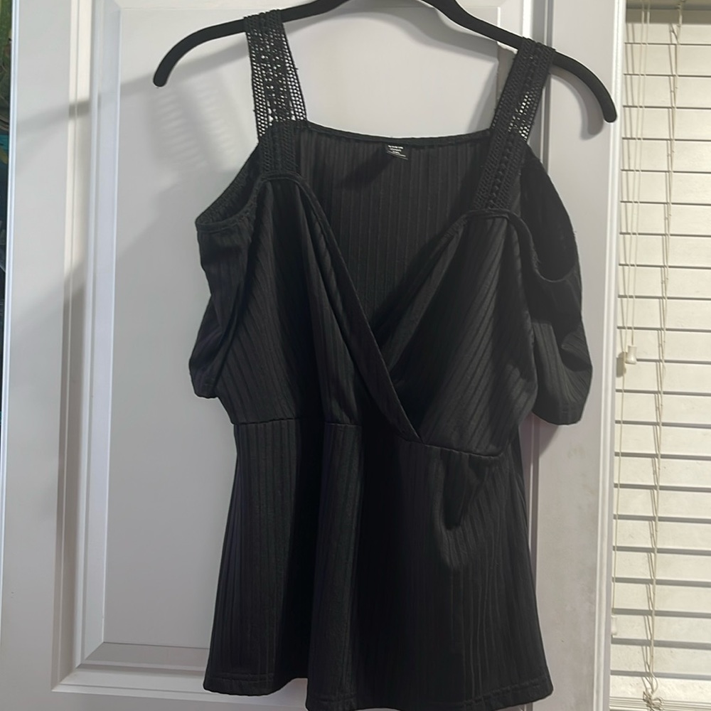 SHEIN LUNE Plus Cold Shoulder plain straps casual Ribbed Knit Tee 1XL Curve